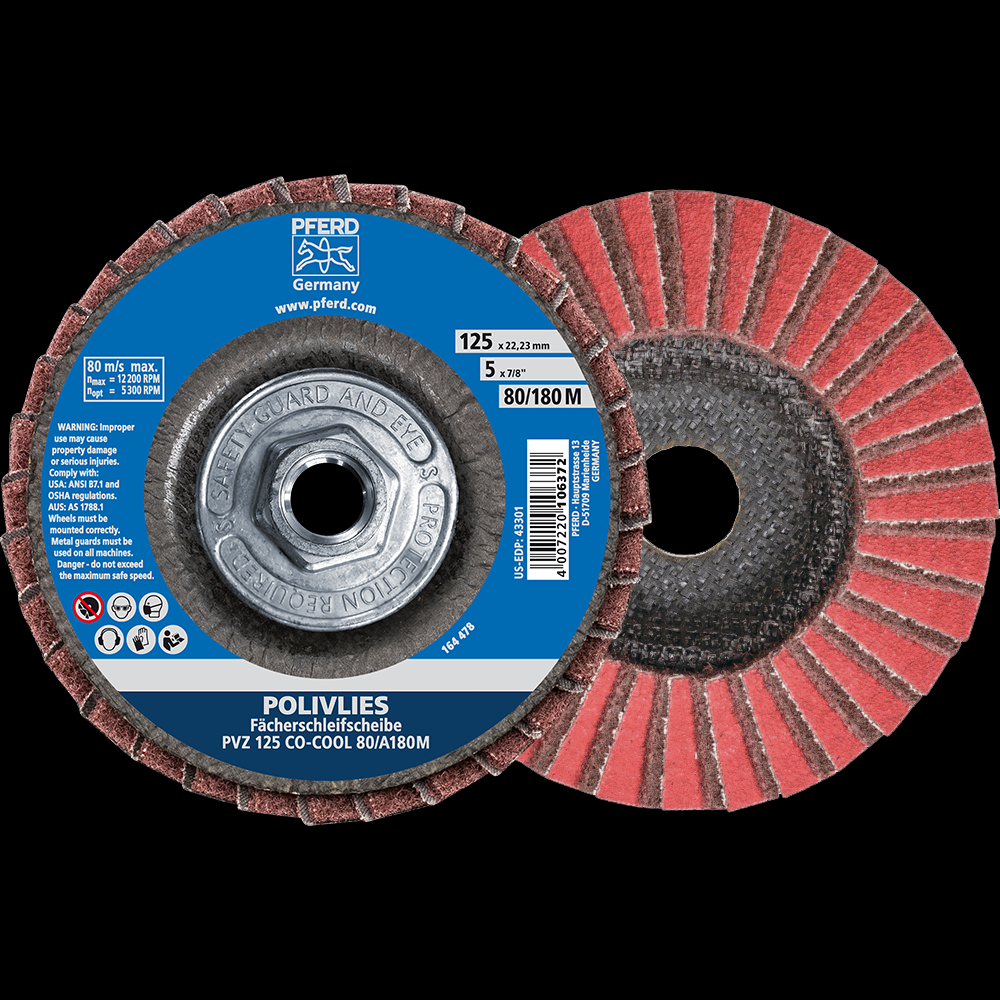 PFERD POLIVLIES® Non-Woven Flap Disc, 5&#34;x5/8-11, 80 Grit, Medium,Ceramic oxide CO-COOL