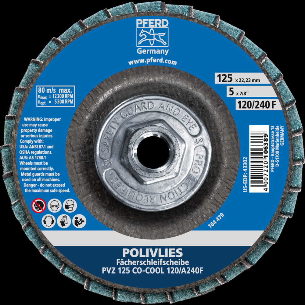 PFERD POLIVLIES® Non-Woven Flap Disc, 5&#34;x5/8-11, 120 Grit, Fine, Ceramic oxide CO-COOL