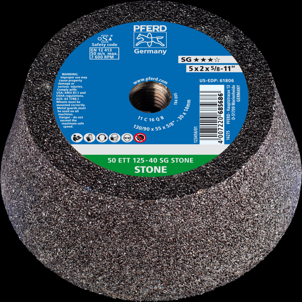 PFERD Cup Wheel, 5&#34; x 3-3/4 x 5/8-11, SG STONE, T11, Silicon Carbide (SiC)