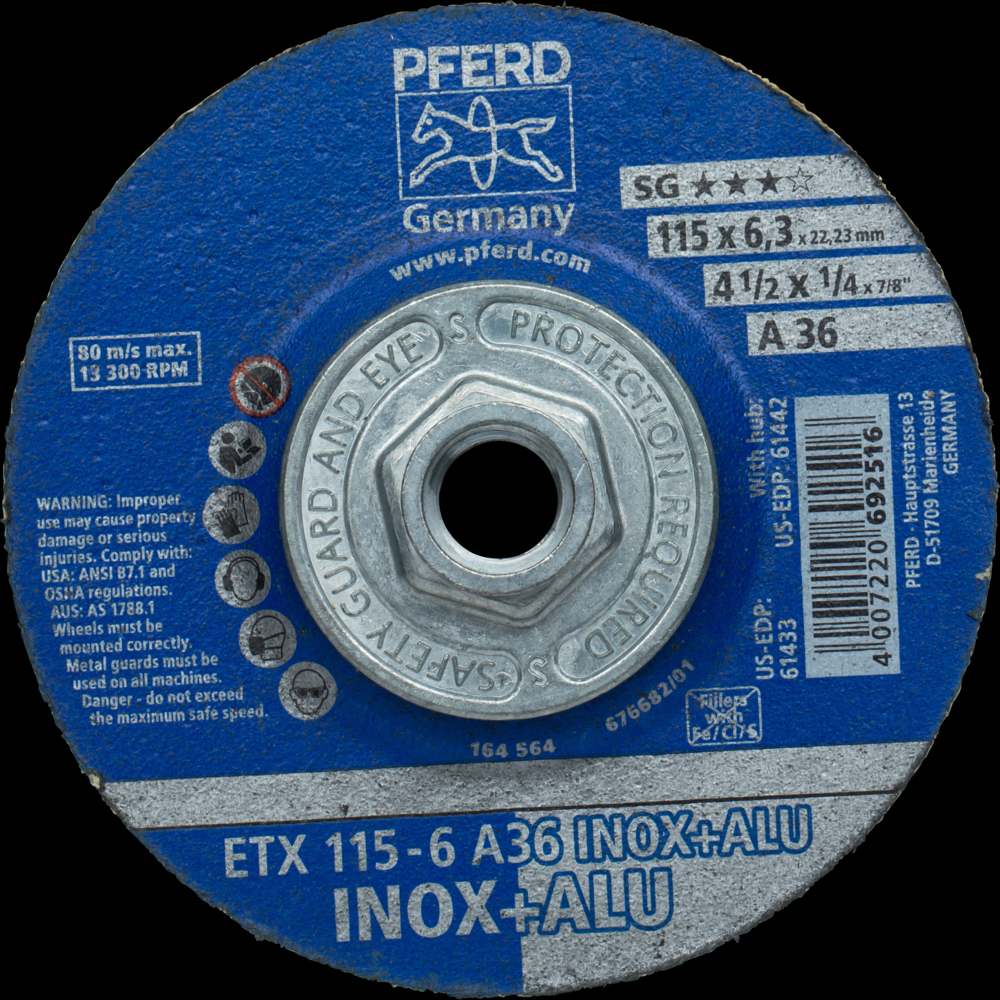 PFERD Textile Wheel for Angle Grinders,4-1/2&#34; x 1/4 x5/8-11,36 Grit,T27,Aluminum oxide