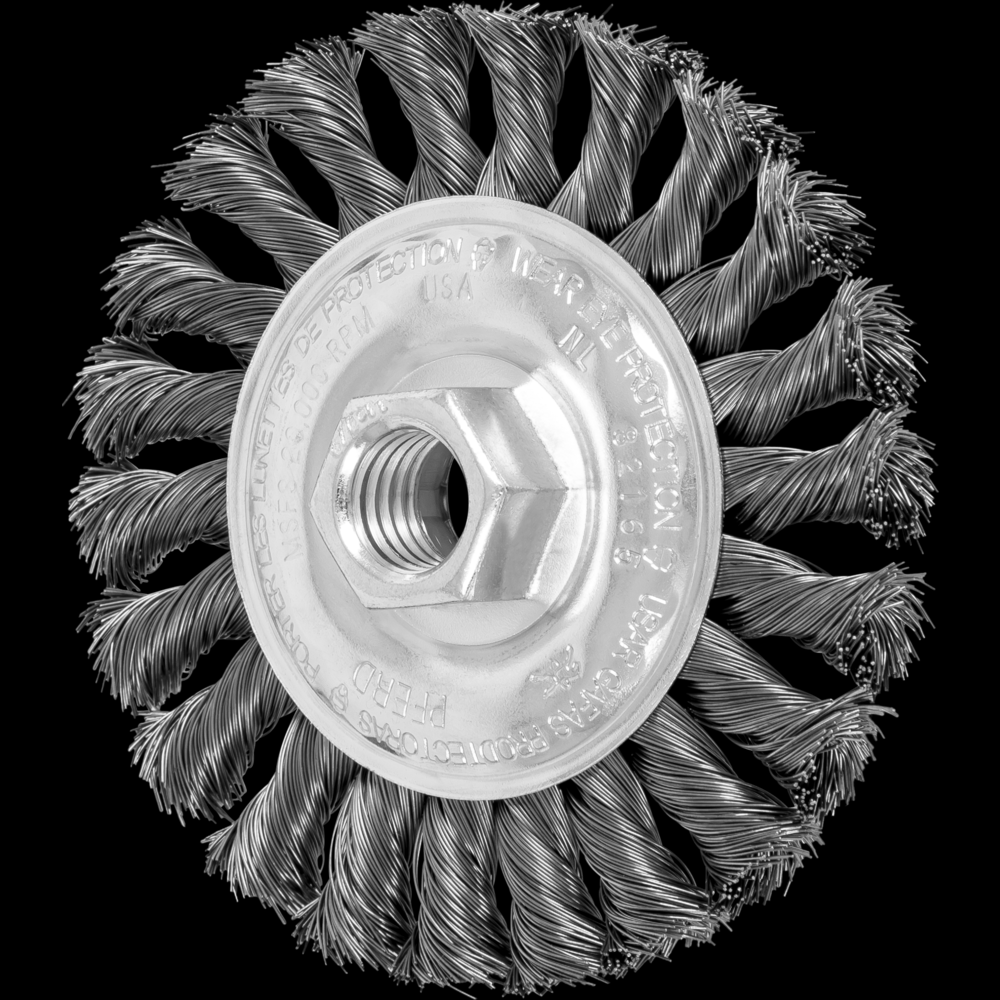 PFERD Full Cable Knot Wheel Brush 4&#34; Dia. .014 Carbon Steel 5/8-11&#34; Thread Retail