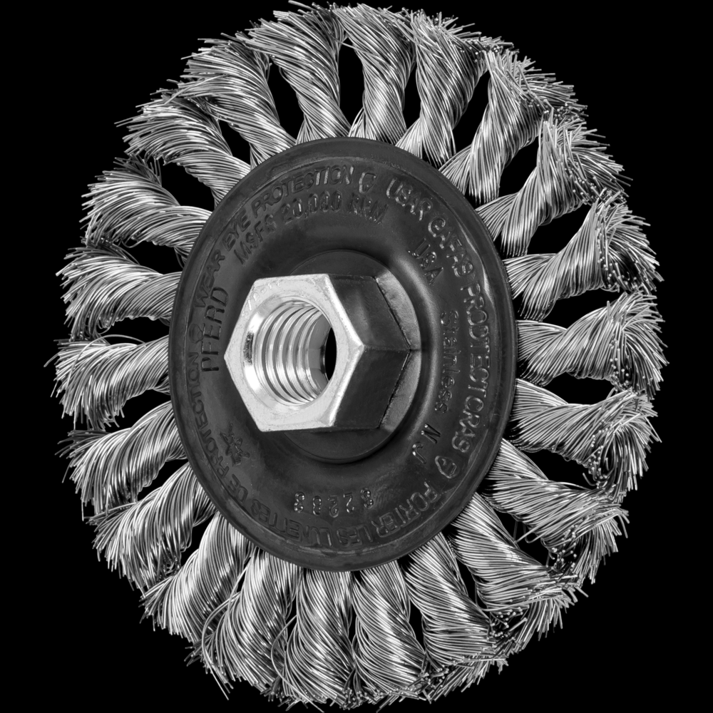 PFERD Standard Twist Knot Wire Wheel Brush 4&#34; Dia. .014 Stainless Steel 5/8-11&#34; Thread