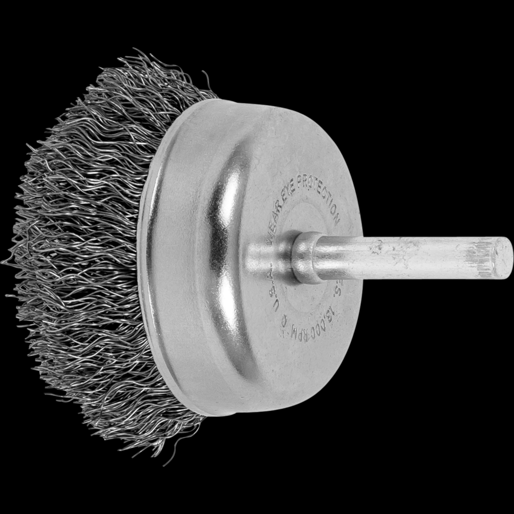 PFERD Crimped Mounted Cup Brush 2&#34; Dia. .012 Carbon Steel 1/4&#34; Shank