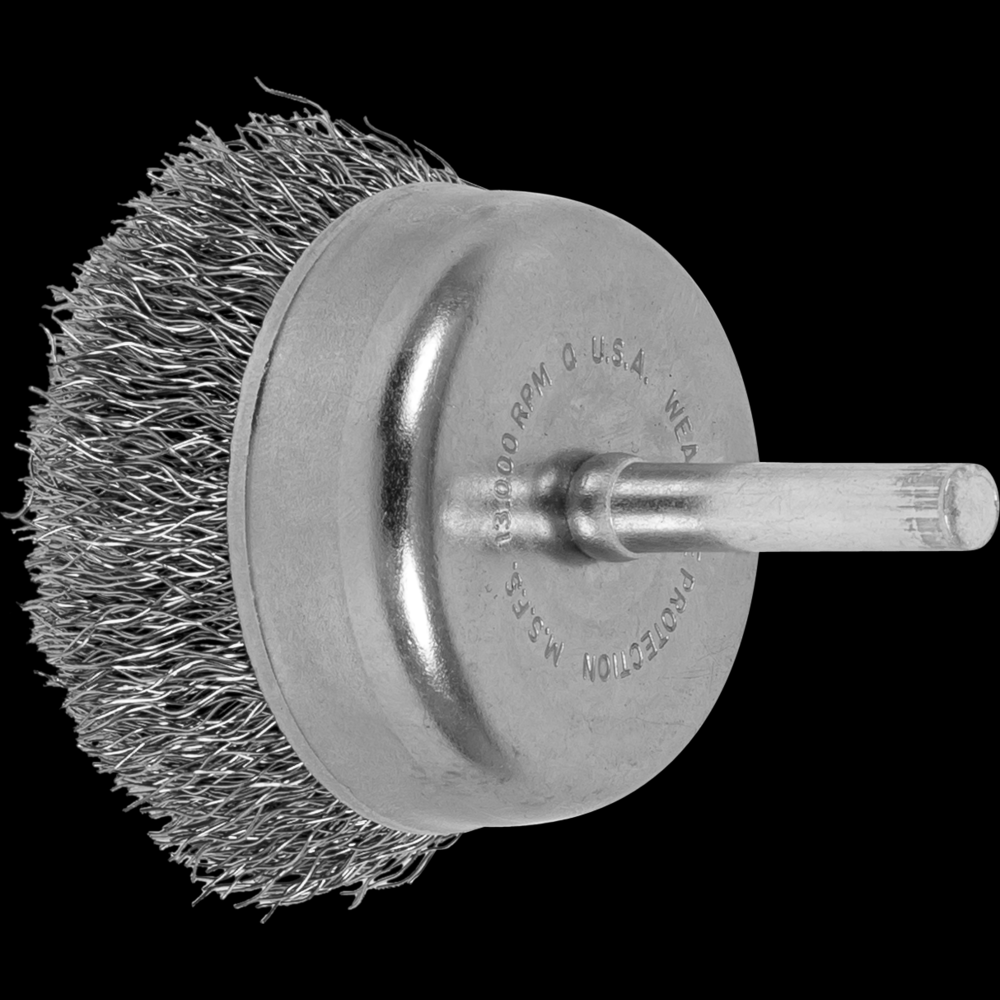 PFERD Crimped Mounted Cup Brush 2&#34; Dia. .010 Stainless Steel 1/4&#34; Shank