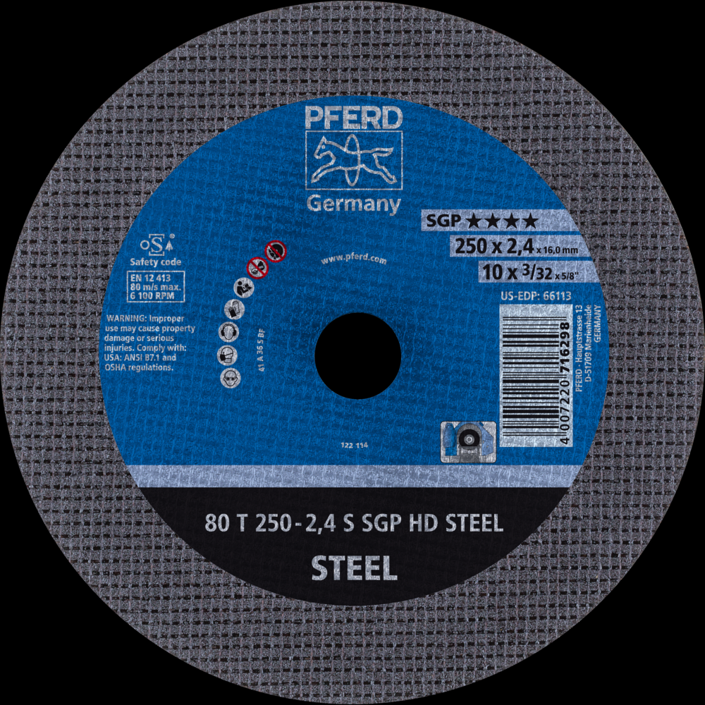 PFERD Large Diameter Cut-Off Wheel 10&#34; x 3/32 x 5/8, SGP HD STEEL, S, Aluminum oxide