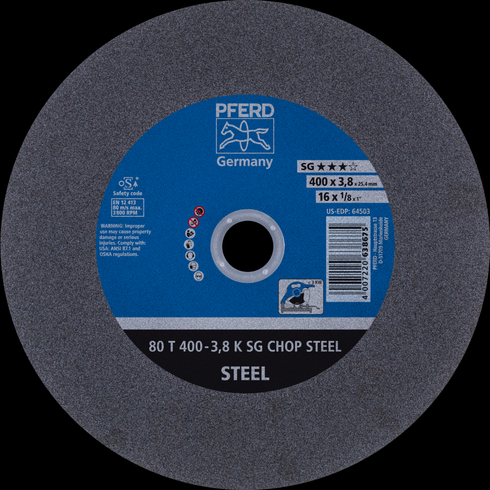 PFERD Large Diameter Cut-Off Wheel 16&#34; x 1/8 x 1, SG CHOP STEEL, K, Aluminum oxide