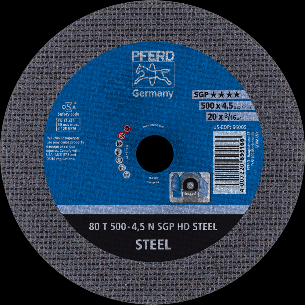 PFERD Large Diameter Cut-Off Wheel 20&#34; x 3/16 x 1, SGP HD STEEL, N, Aluminum oxide