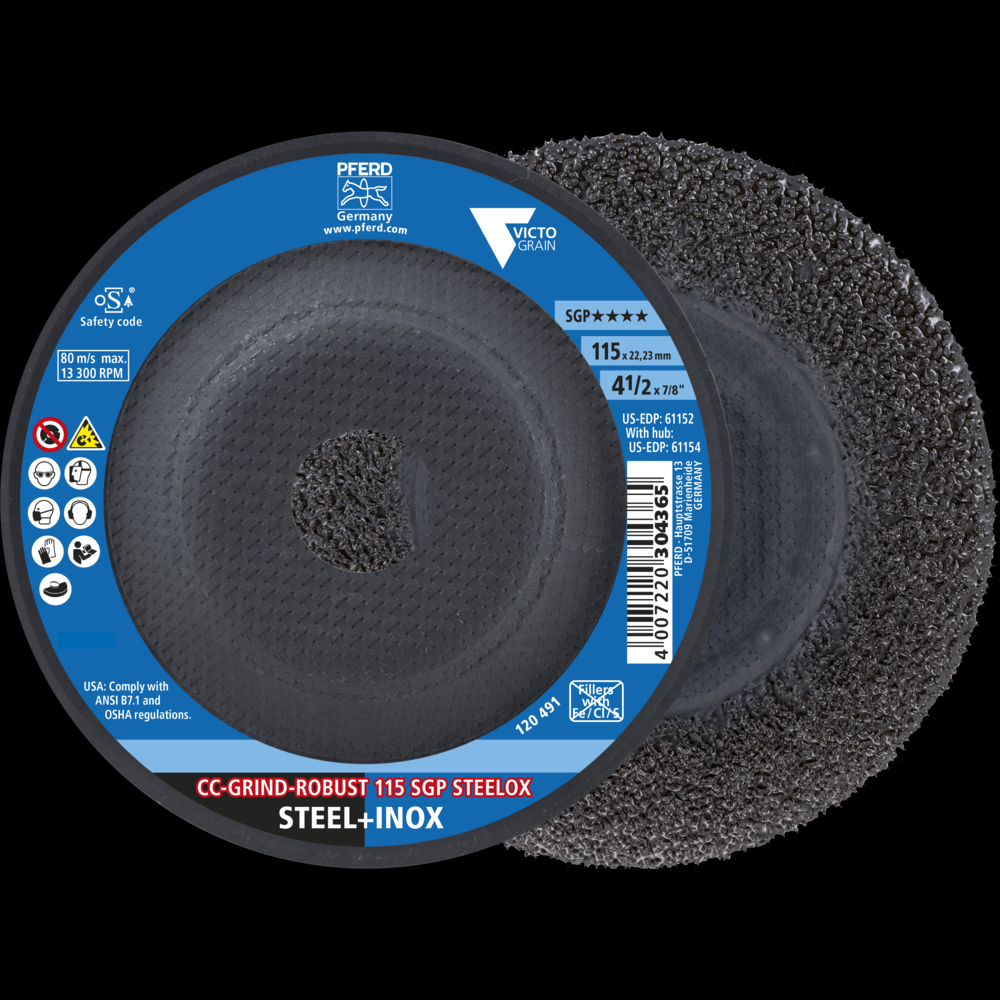 PFERD Grinding disc, CC-GRIND®-ROBUST, 4-1/2&#34; x 7/8, SGP STEELOX VICTOGRAIN®, Ceramic