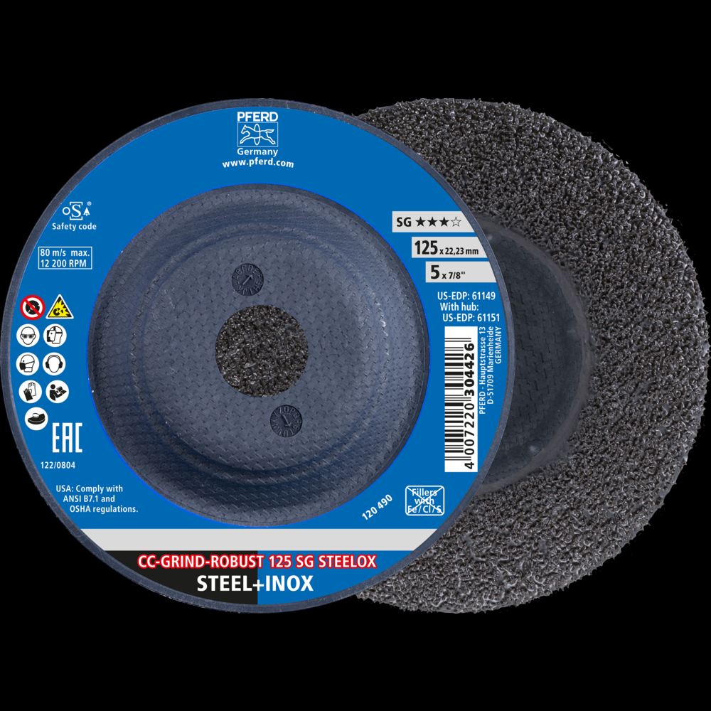 PFERD Grinding disc, CC-GRIND®-ROBUST, 5&#34; x 7/8, SG STEELOX, Ceramic