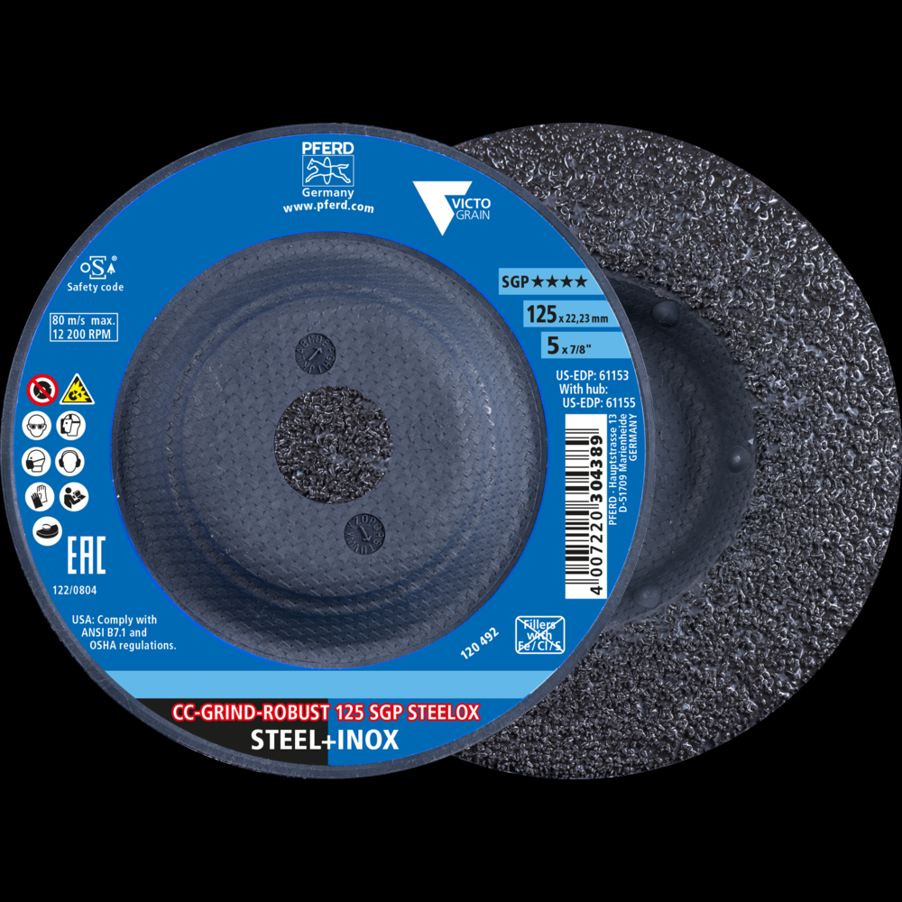 PFERD Grinding disc, CC-GRIND®-ROBUST, 5&#34; x 7/8, SGP STEELOX VICTOGRAIN®, Ceramic