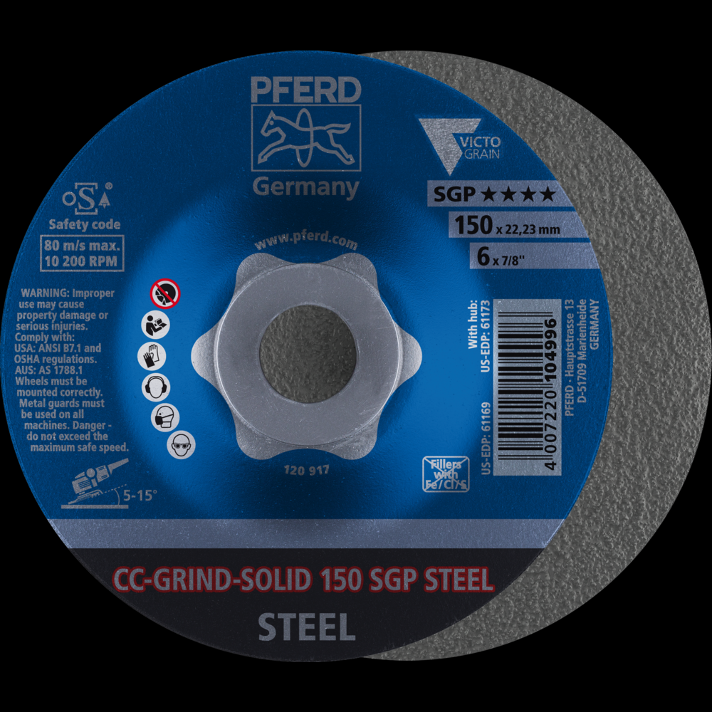 PFERD Grinding disc, CC-GRIND®-SOLID, 6&#34; x 7/8, SGP STEEL VICTOGRAIN®, Ceramic