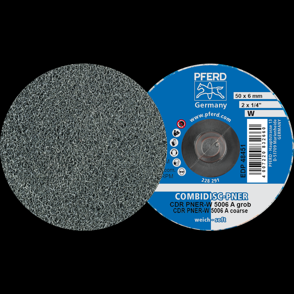 PFERD COMBIDISC® Unitized Disc, 2&#34; Dia, Type CDR, Coarse, Soft, 2AM, Aluminum oxide