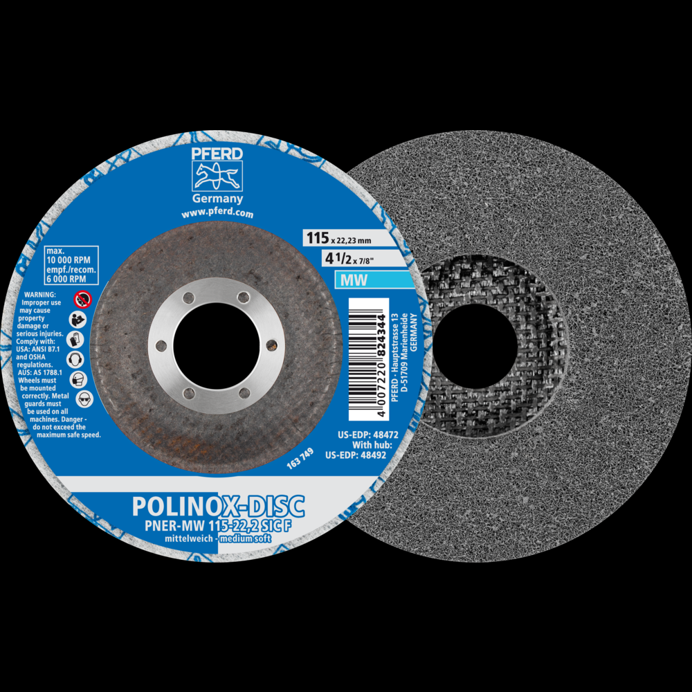PFERD POLINOX® Unitized Disc, 4-1/2&#34; x 1/2 x 7/8, T27, Fine, Soft, 3SF,Silicon carbide