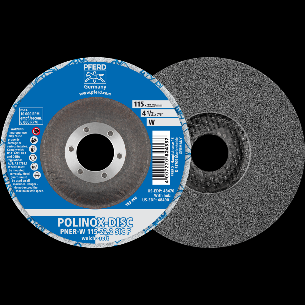 PFERD POLINOX® Unitized Disc, 4-1/2&#34; x 1/2 x 7/8, T27, Fine, Soft, 2SF,Silicon carbide