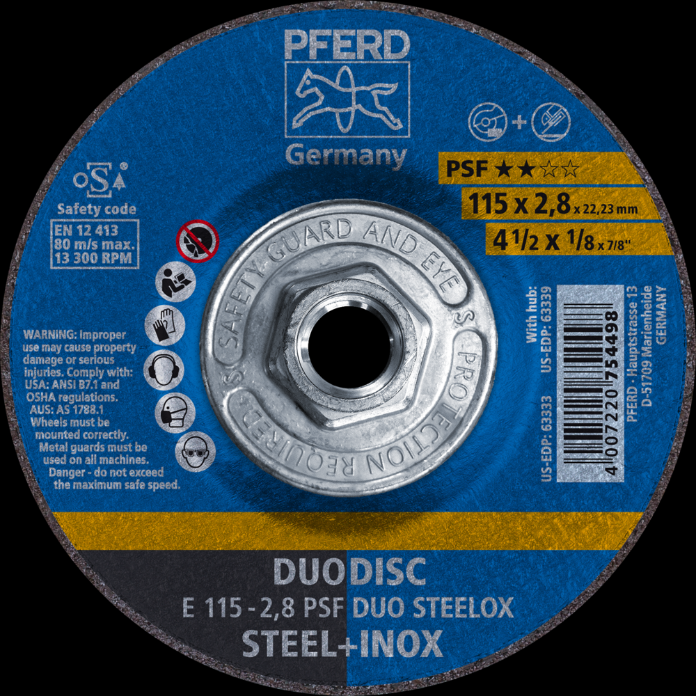 PFERD Combination Wheel, 4-1/2&#34; x 1/8 x 5/8-11, PSF DUODISC STEELOX,T27,Aluminum oxide