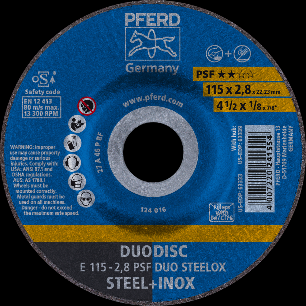 PFERD Combination Wheel, 4-1/2&#34; x 1/8 x 7/8, PSF DUODISC STEELOX, T27, Aluminum oxide