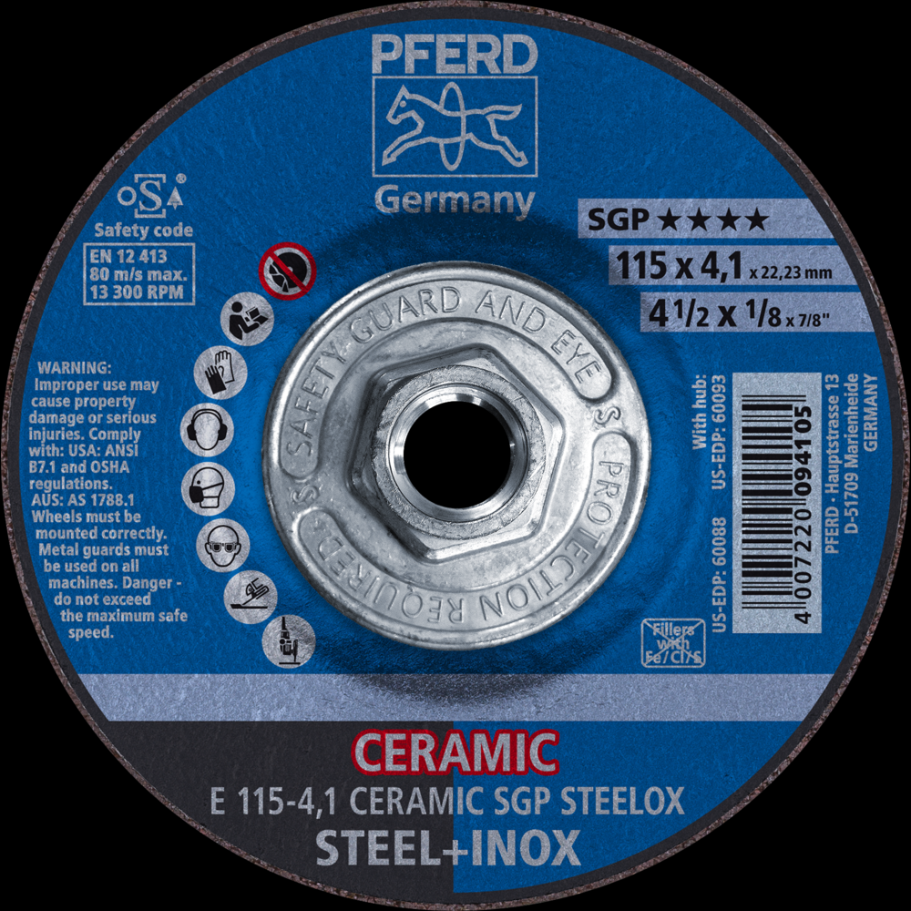 PFERD Grinding Wheel, 4-1/2&#34; x 1/8 x 5/8-11, CERAMIC SGP STEELOX, T27