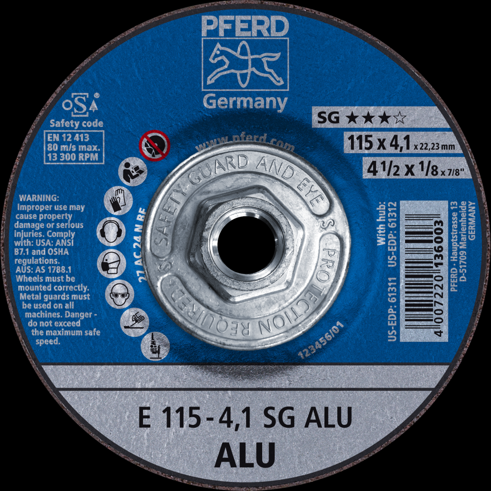 PFERD Grinding Wheel, 4-1/2&#34;x 1/8x5/8-11, SG ALU, T27, Aluminum oxide, Silicon carbide