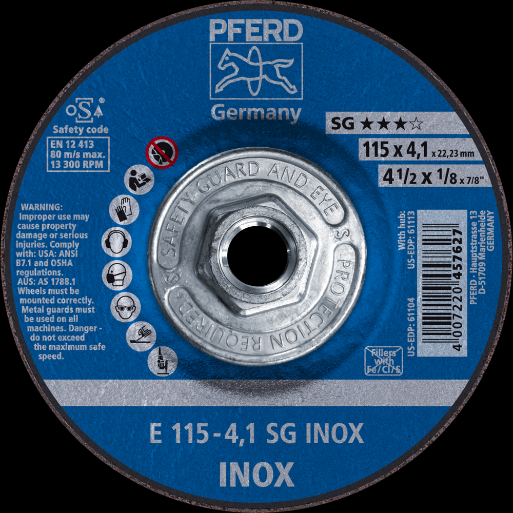 PFERD Grinding Wheel, 4-1/2&#34; x 1/8 x 5/8-11, SG INOX, T27, Aluminum oxide