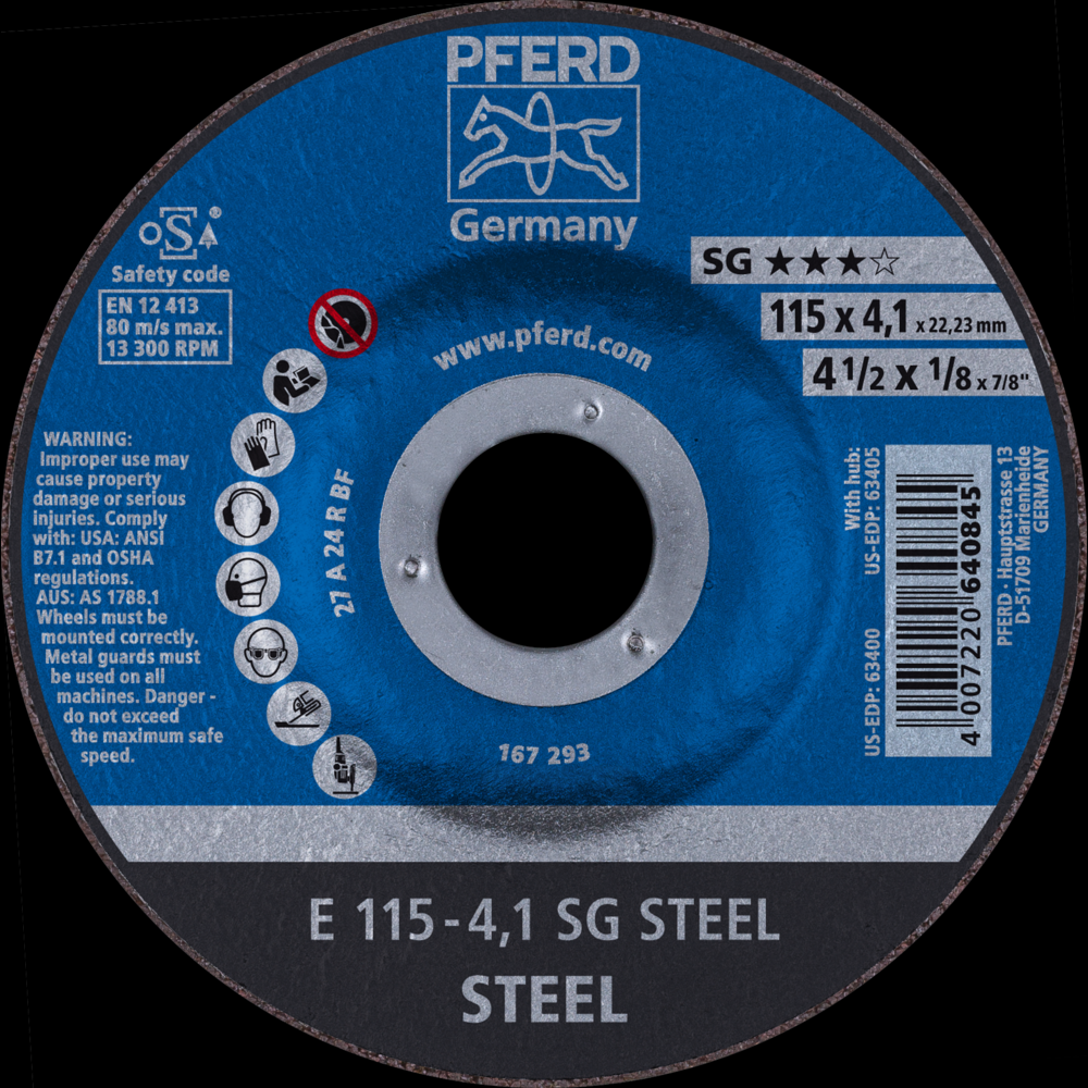 PFERD Grinding Wheel, 4-1/2&#34; x 1/8 x 7/8, SG STEEL, T27, Aluminum oxide