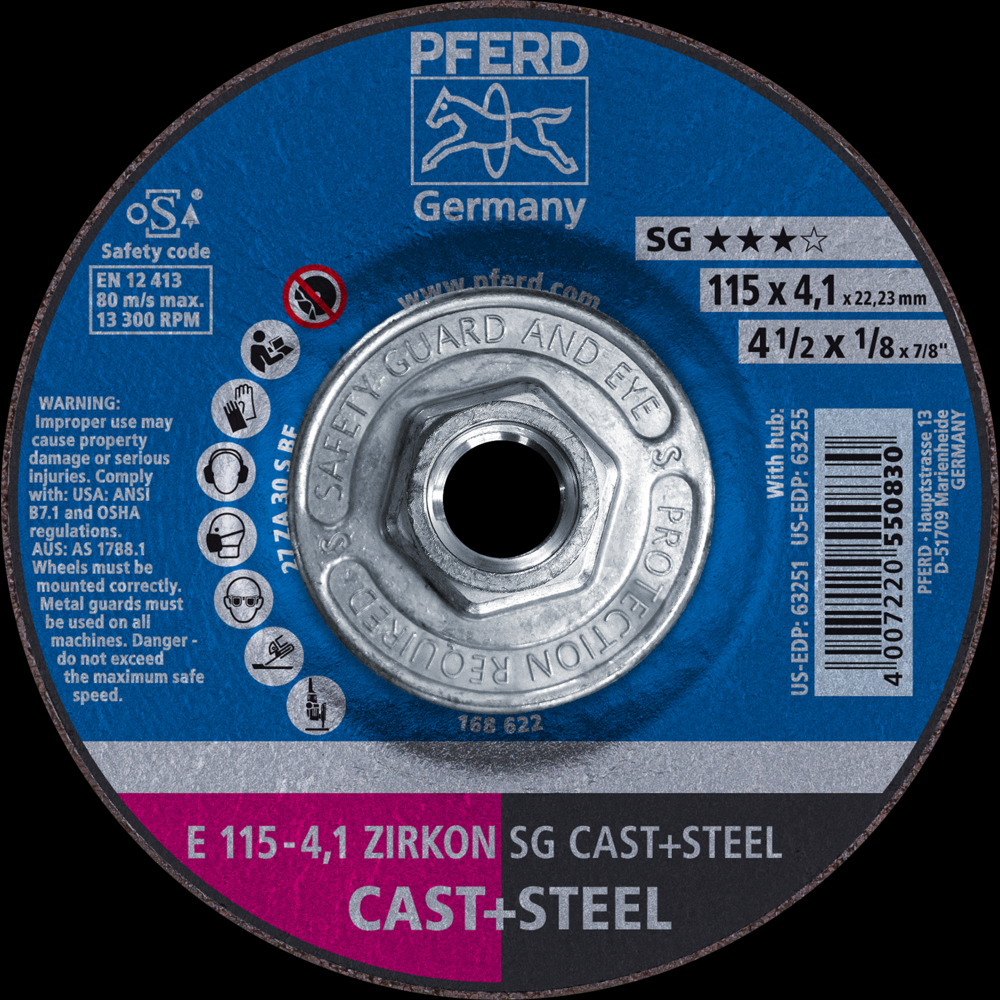 PFERD Grinding Wheel, 4-1/2&#34; x 1/8 x 5/8-11, ZIRKON SG CAST+STEEL, T27, ZA, AO