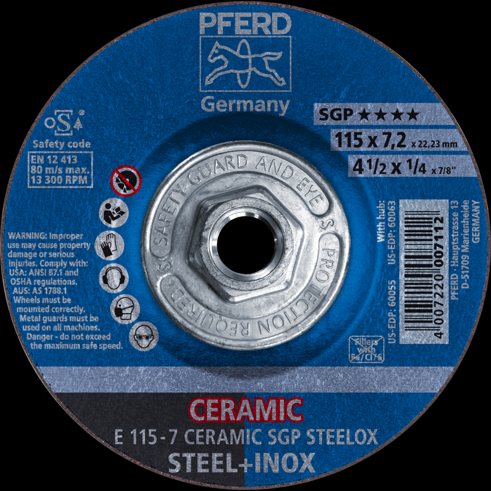 PFERD Grinding Wheel, 4-1/2&#34; x 1/4 x 5/8-11, CERAMIC SGP STEELOX, T27