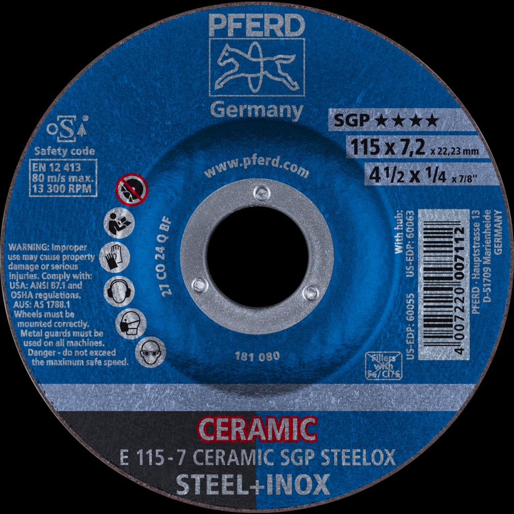 PFERD Grinding Wheel, 4-1/2&#34; x 1/4 x 7/8, CERAMIC SGP STEELOX, T27