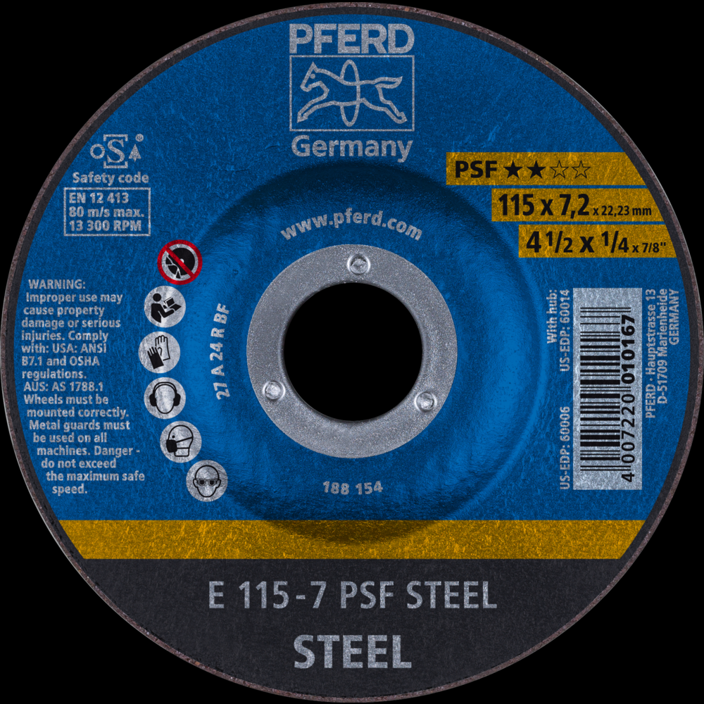 PFERD Grinding Wheel, 4-1/2&#34; x 1/4 x 7/8, PSF STEEL, T27, Aluminum oxide