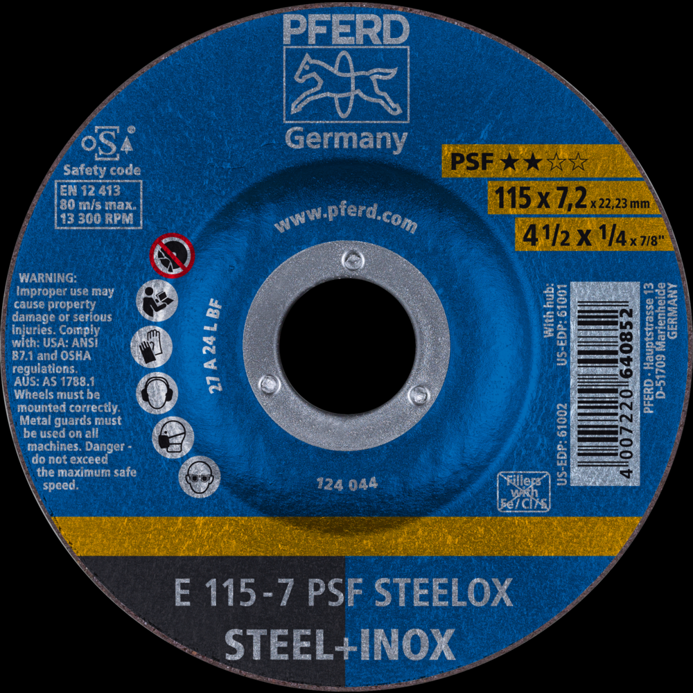 PFERD Grinding Wheel, 4-1/2&#34; x 1/4 x 7/8, PSF STEELOX, T27, Aluminum oxide