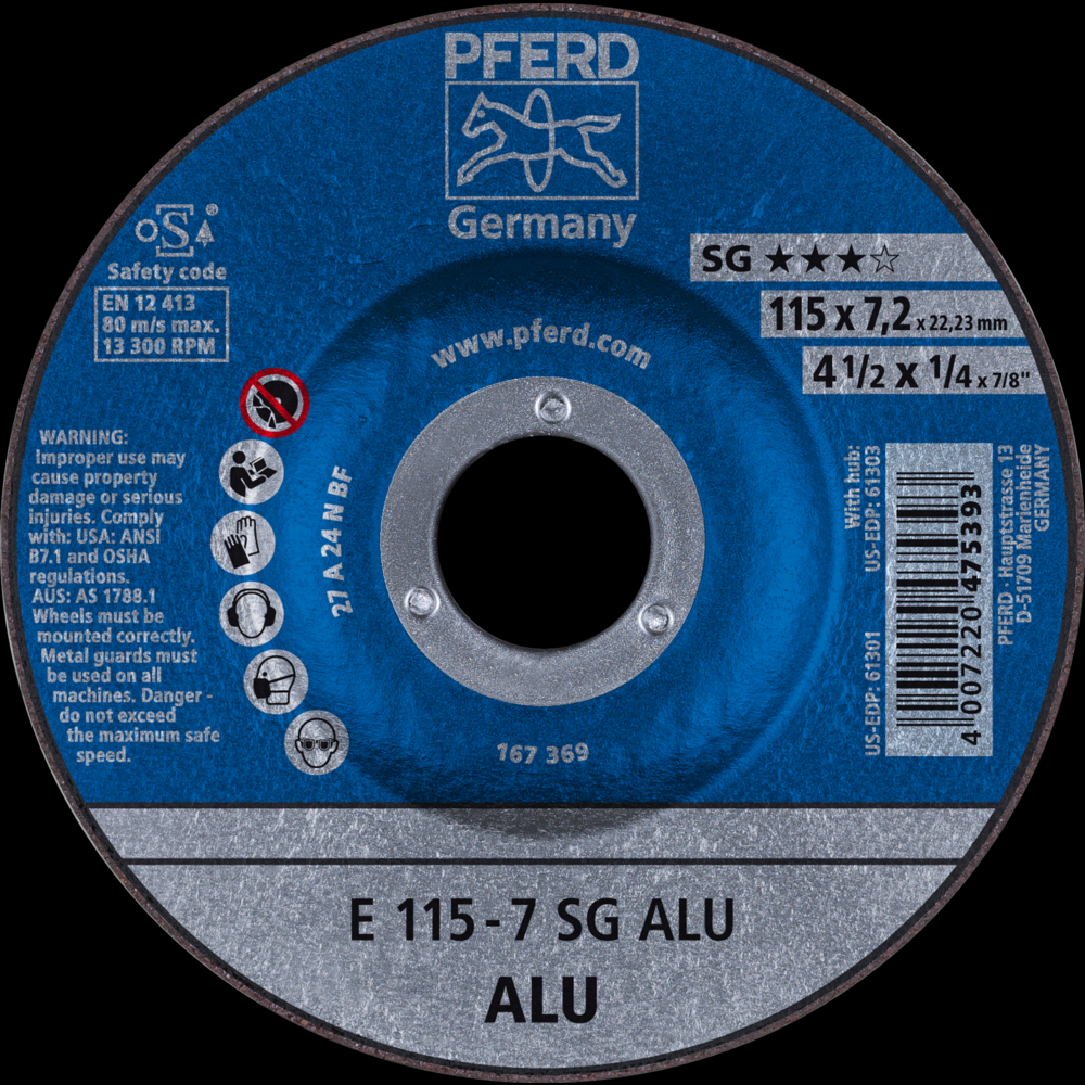 PFERD Grinding Wheel, 4-1/2&#34; x 1/4 x 7/8, SG ALU, T27, Aluminum oxide, Silicon carbide