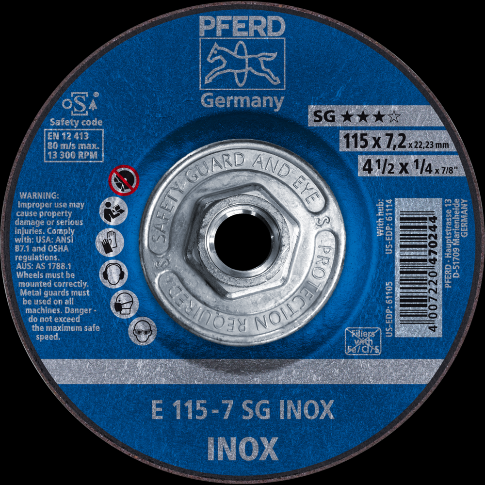 PFERD Grinding Wheel, 4-1/2&#34; x 1/4 x 5/8-11, SG INOX, T27, Aluminum oxide