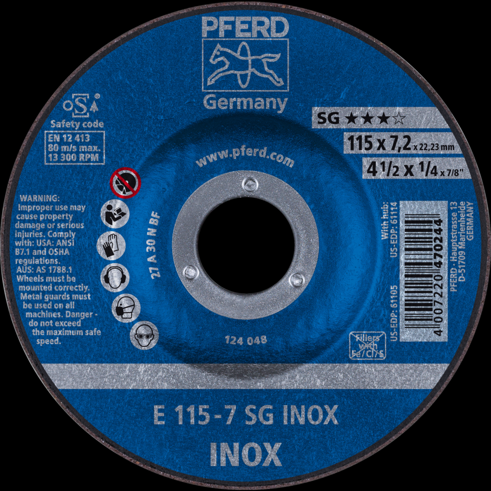 PFERD Grinding Wheel, 4-1/2&#34; x 1/4 x 7/8, SG INOX, T27, Aluminum oxide