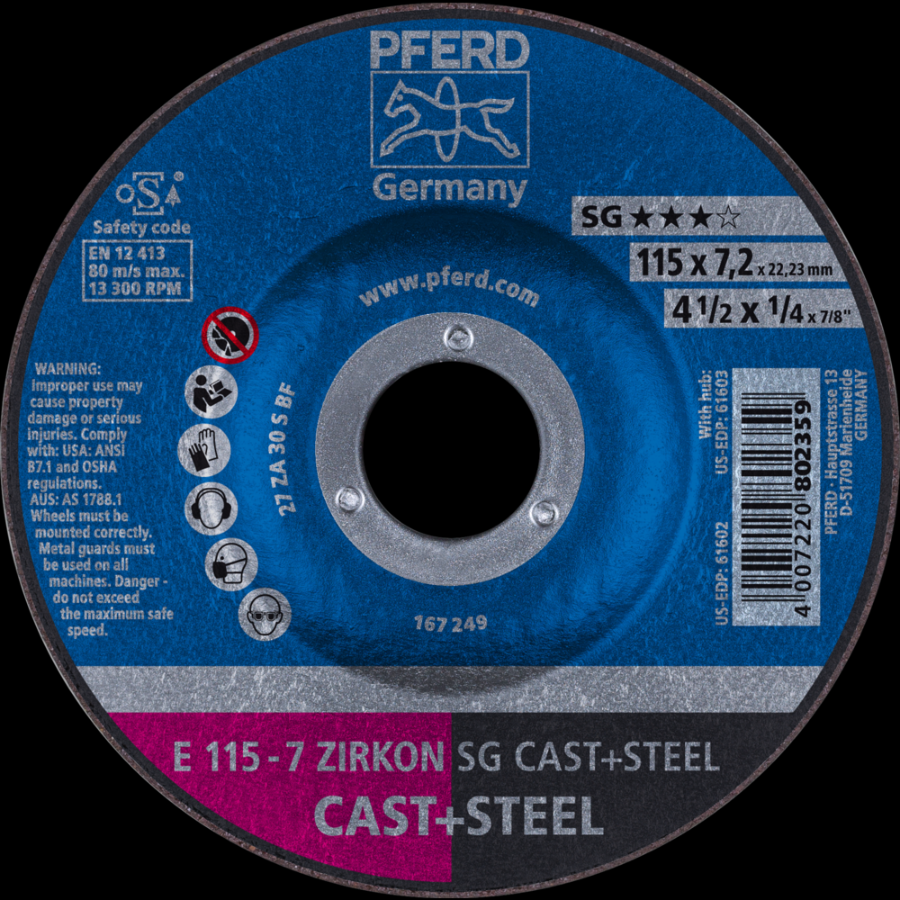 PFERD Grinding Wheel, 4-1/2&#34; x 1/4 x 7/8, ZIRCON SG CAST+STEEL, T27, ZA, AO