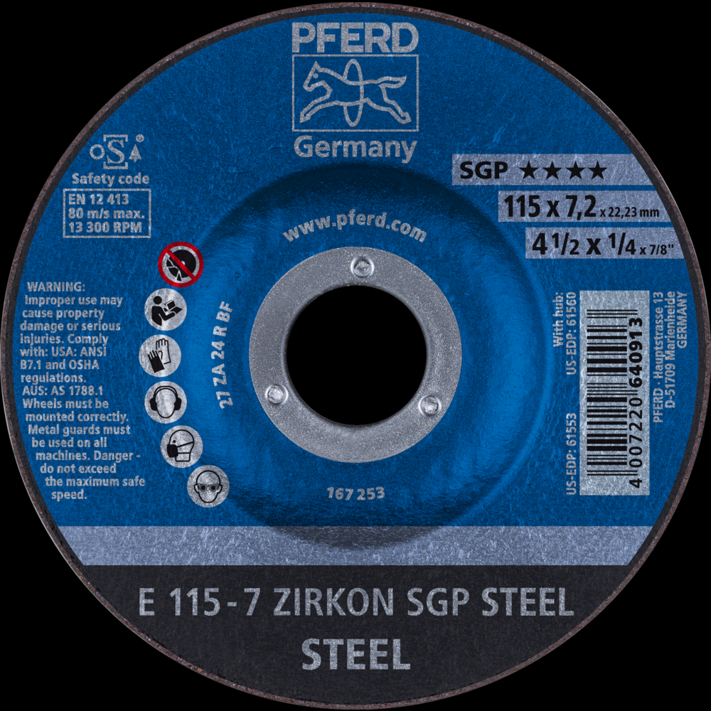 PFERD Grinding Wheel, 4-1/2&#34; x 1/4 x 7/8, SGP ZIRKON STEEL, T27, AO, SiC