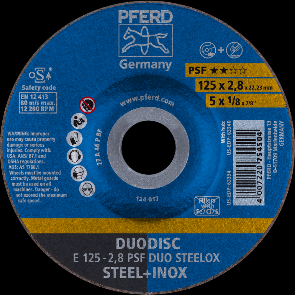 PFERD Combination Wheel, 5&#34; x 1/8 x 7/8, PSF DUODISC STEELOX, T27, Aluminum oxide