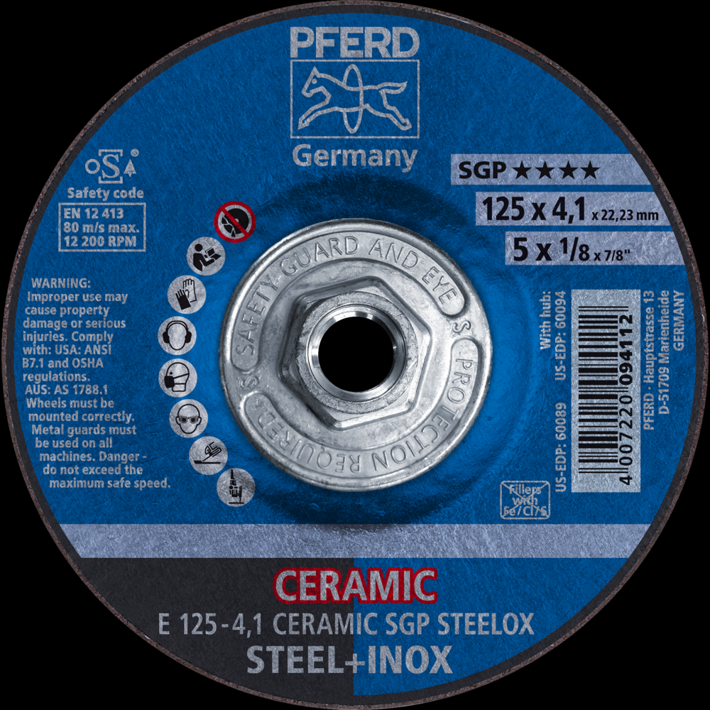 PFERD Grinding Wheel, 5&#34; x 1/8 x 5/8-11, CERAMIC SGP STEELOX, T27