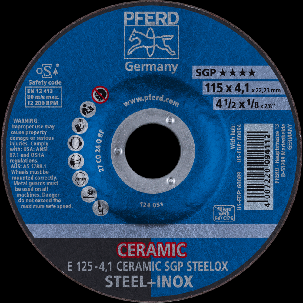 PFERD Grinding Wheel, 5&#34; x 1/8 x 7/8, CERAMIC SGP STEELOX, T27