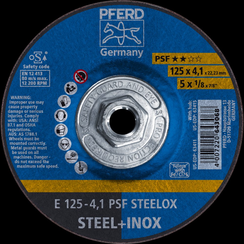 PFERD Grinding Wheel, 5&#34; x 1/8 x 5/8-11, PSF STEELOX, T27, Aluminum oxide