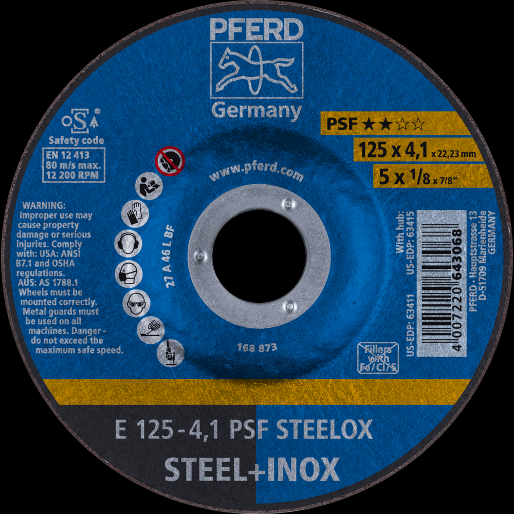 PFERD Grinding Wheel, 5&#34; x 1/8 x 7/8, PSF STEELOX, T27, Aluminum oxide