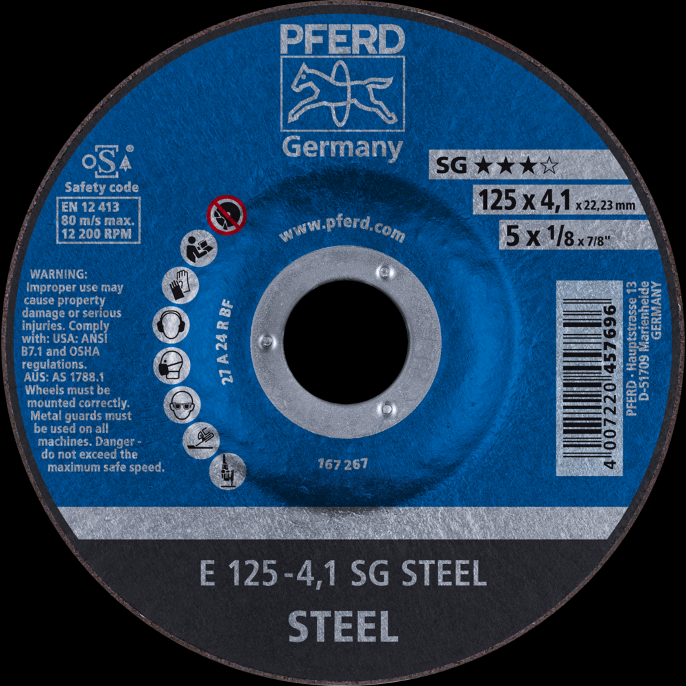 PFERD Grinding Wheel, 5&#34; x 1/8 x 7/8, SG STEEL, T27, Aluminum oxide