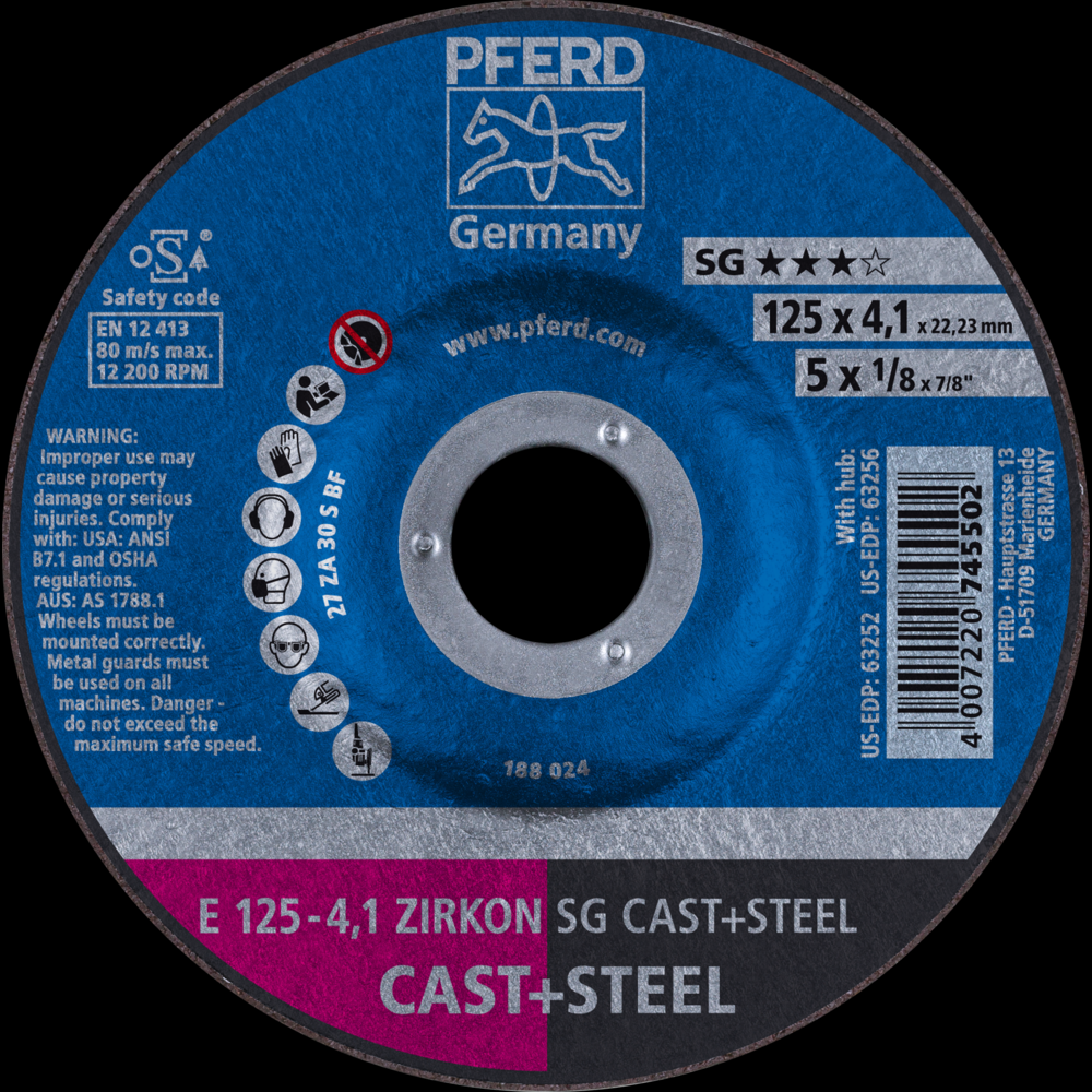 PFERD Grinding Wheel, 5&#34; x 1/8 x 7/8, ZIRKON SG CAST+STEEL, T27, ZA, AO