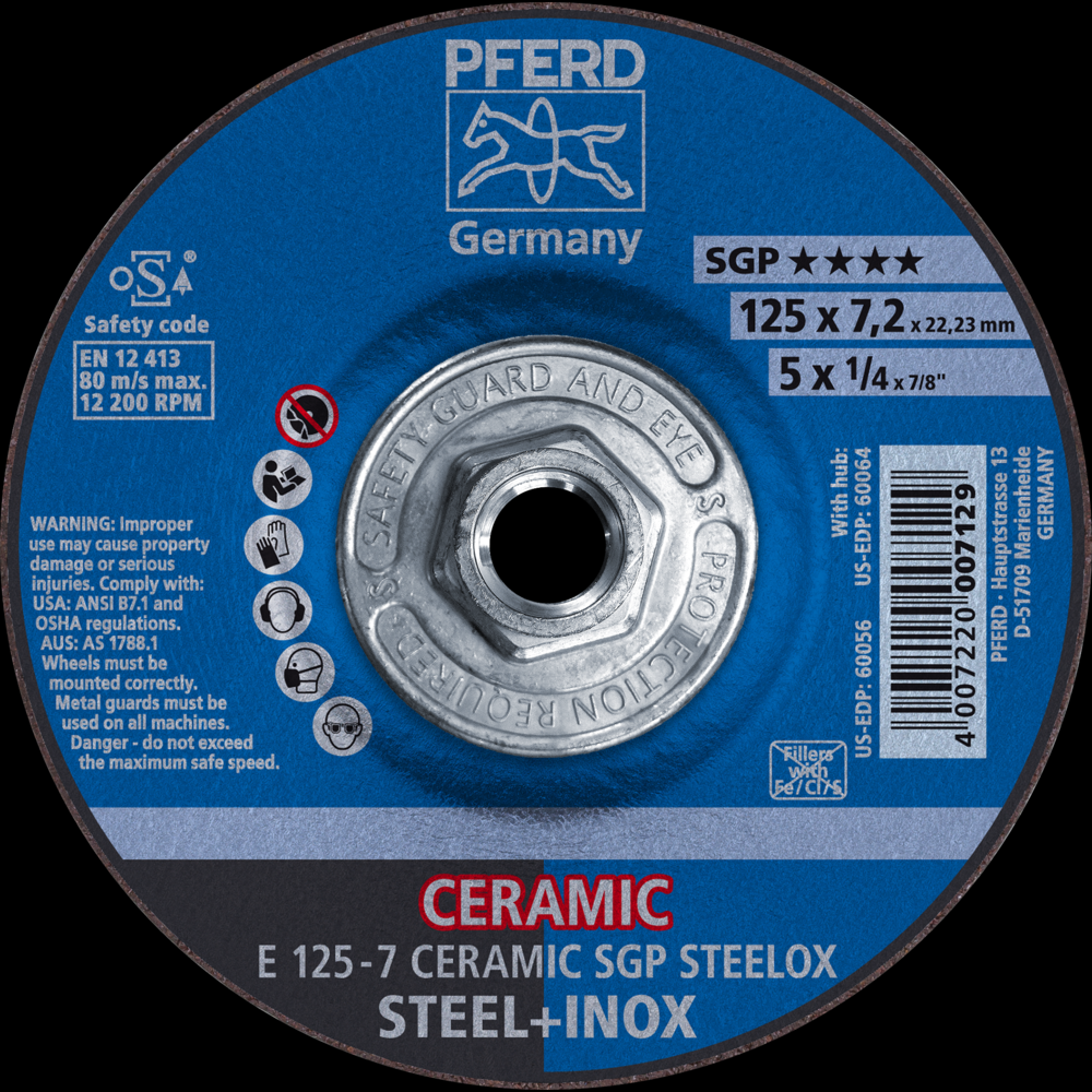 PFERD Grinding Wheel, 5&#34; x 1/4 x 5/8-11, CERAMIC SGP STEELOX, T27