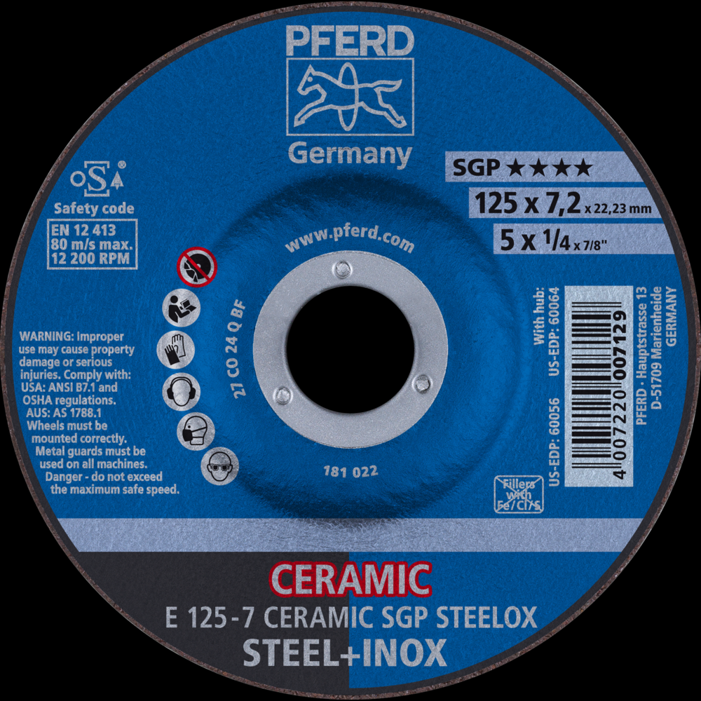 PFERD Grinding Wheel, 5&#34; x 1/4 x 7/8, CERAMIC SGP STEELOX, T27