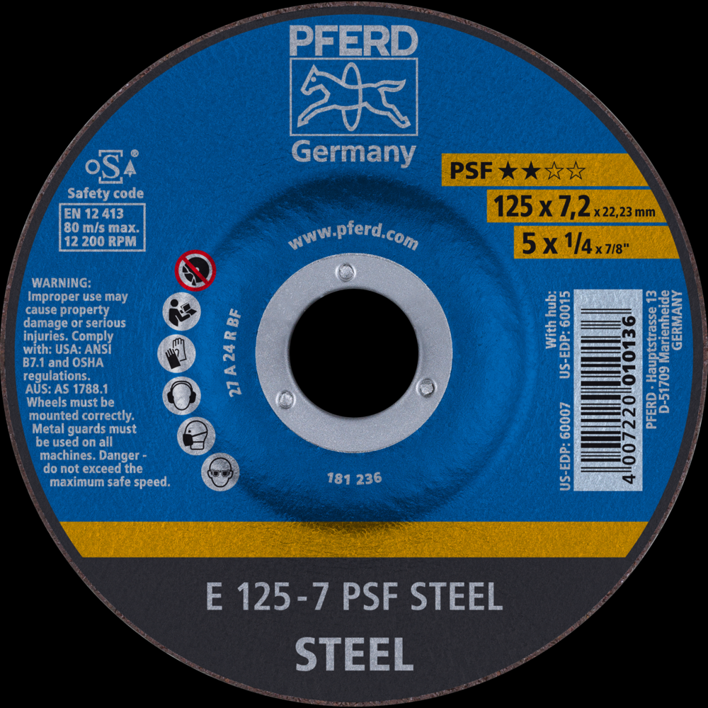 PFERD Grinding Wheel, 5&#34; x 1/4 , 7/8 PSF STEEL, T27, Aluminum oxide