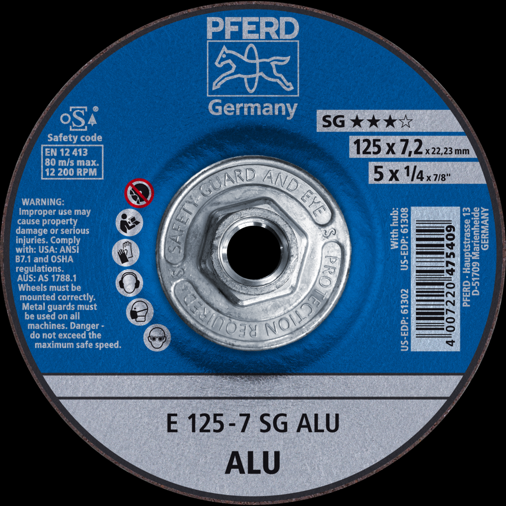 PFERD Grinding Wheel, 5&#34; x 1/4 x 7/8, SG ALU, T27, Aluminum oxide, Silicon carbide