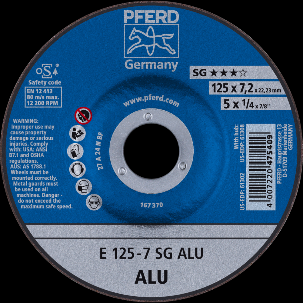 PFERD Grinding Wheel, 5&#34; x 1/4 x 7/8, SG ALU, T27, Aluminum oxide, Silicon carbide