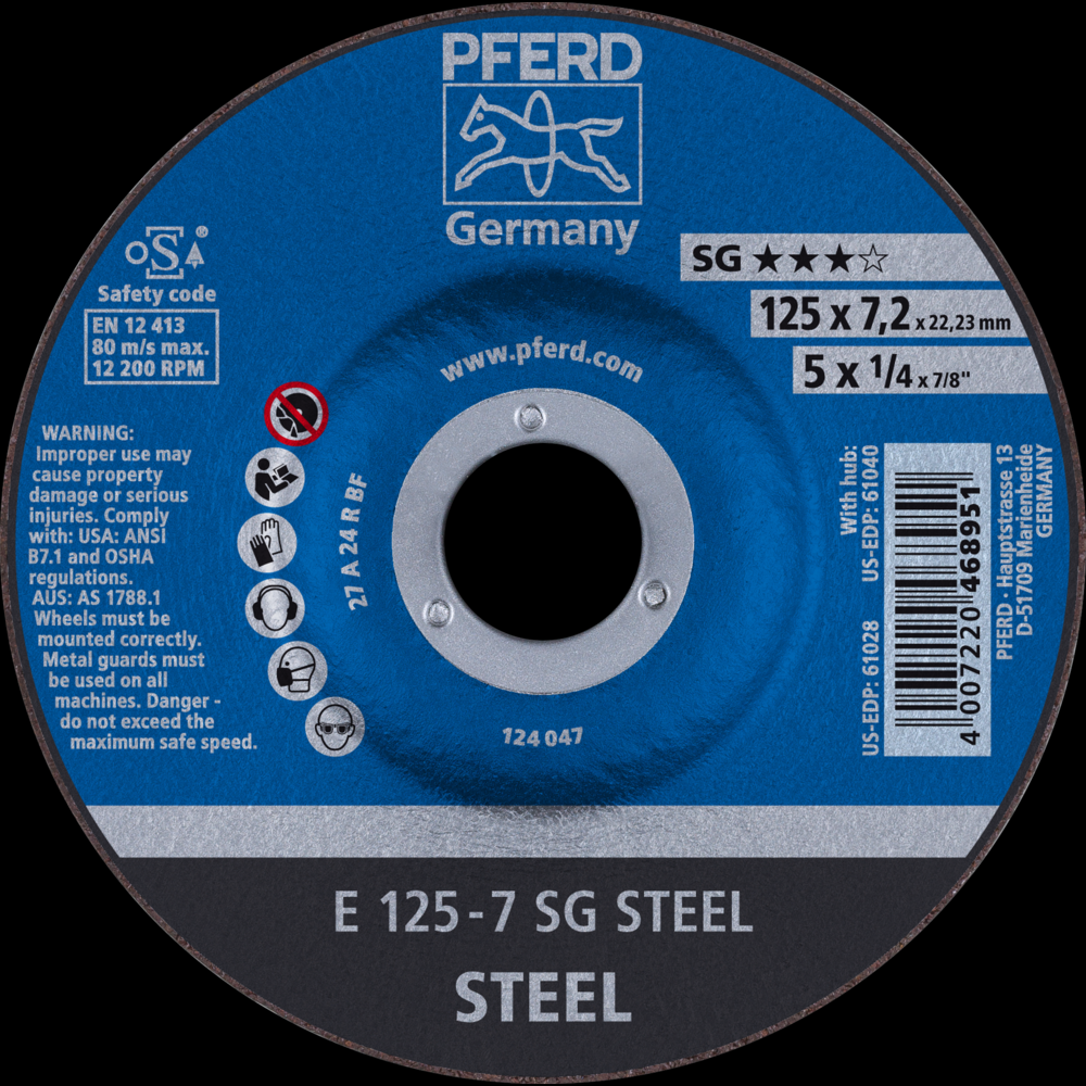 PFERD Grinding Wheel, 5&#34; x 1/4 x 7/8, SG STEEL, T27, Aluminum oxide