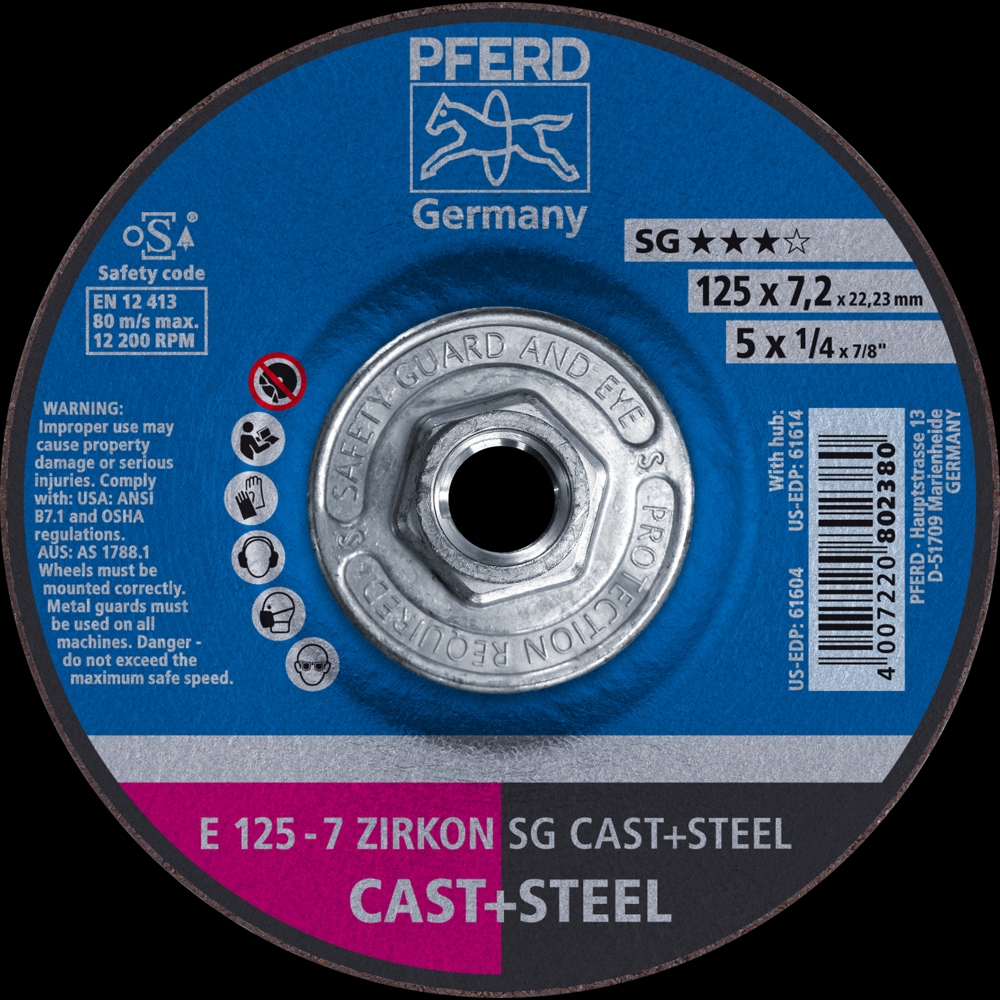 PFERD Grinding Wheel, 5&#34; x 1/4 x 5/8-11, ZIRCON SG CAST+STEEL, T27, ZA, AO