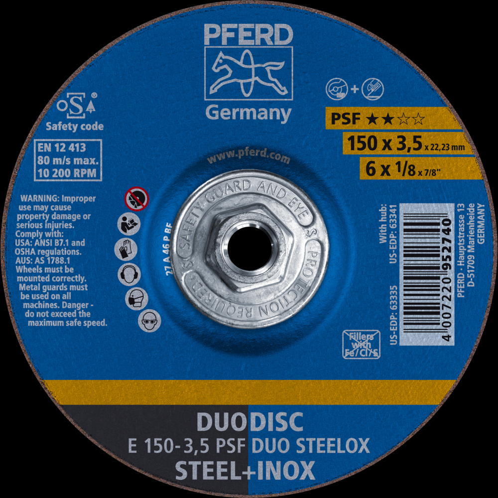 PFERD Combination Wheel, 6&#34; x 1/8 x 5/8-11, PSF DUODISC STEELOX, T27, Aluminum oxide