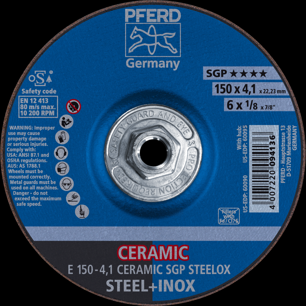 PFERD Grinding Wheel, 6&#34; x 1/8 x 5/8-11, CERAMIC SGP STEELOX, T27